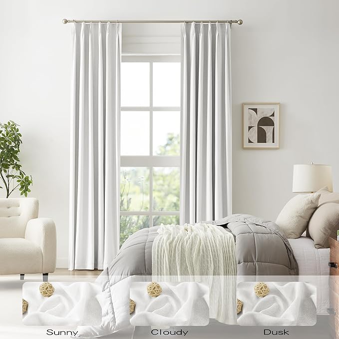 DUALIFE Pinch Pleated Blackout Curtains 132 Inch Long 11ft, Accordion Style Thermal Insulated Drapes with Hooks, Back Tab Ceiling Traverse Curtains for Living Room, Greyish White,40x132, 2 Panels