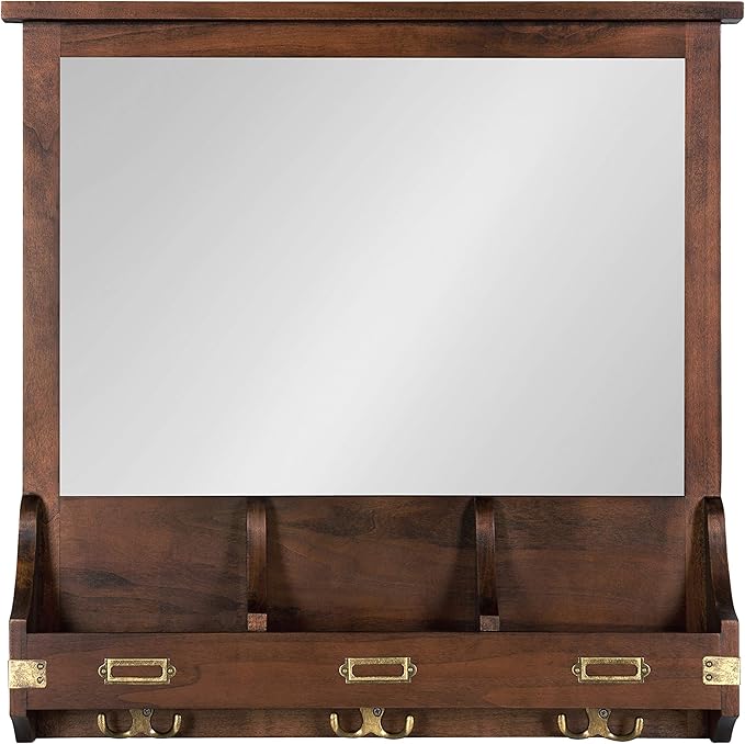 Kate and Laurel Stallard Decorative Wood Home Wall Organizer Mirror with Pockets and Key Hooks, Walnut Brown