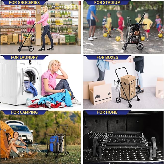 Folding Shopping Cart, Grocery Cart, 340 Lb Capacity, Utility Cart with 360° Rolling Swivel Wheels, Large & Extra Basket