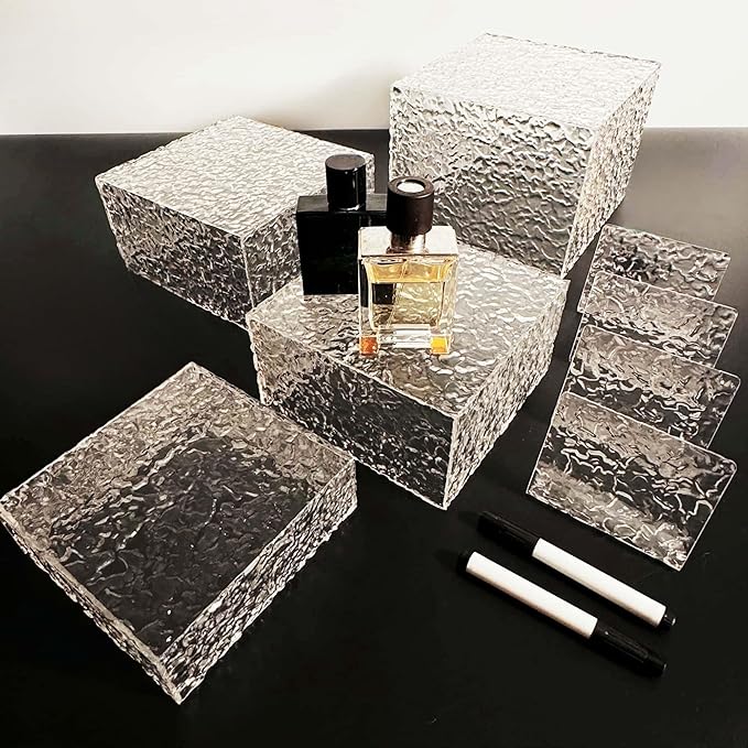 8PCS Buffet Risers Display Stands with 8PCS Mini Signs,Acrylic Cube Display Risers with Hollow Bottom, 2Sets (6, 6.5, 7, 8)" (Transparent, 2 Sets ( 6'',6.5'',7'',8'' ))