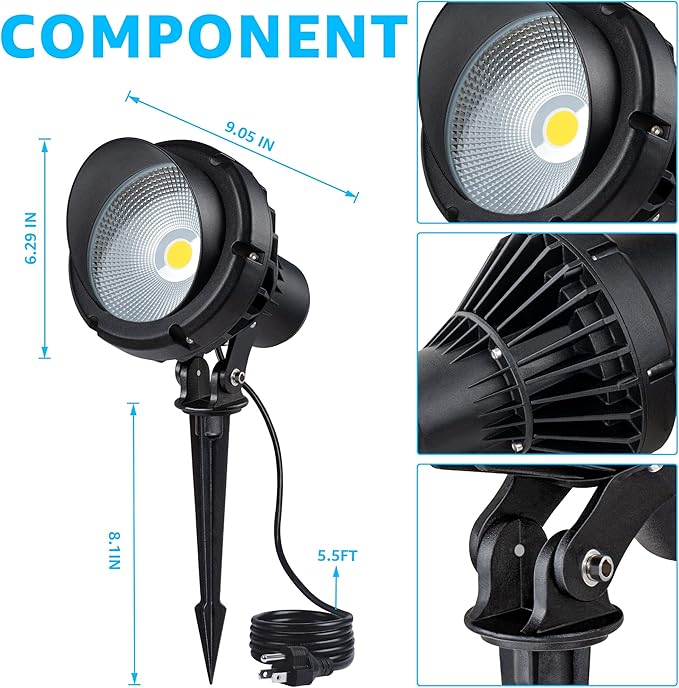 SUNVIE LED 40W Spot Lights Outdoor 5000K Daylight White Plug in Flag Pole Light 120V Ultra Bright Landscape Spotlights for Yard House Tree Lawn Signage Outdoor Spotlight with Stake & 5.5FT Cord