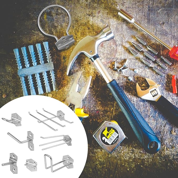 Garneck 7Pcs Tool Storage Hook Set for Pegboard Heavy Duty Silver Wrench Coil Tape Screwdriver Hangers Space-Saving Utility Tool Organizers for Garage Workshop Home Use