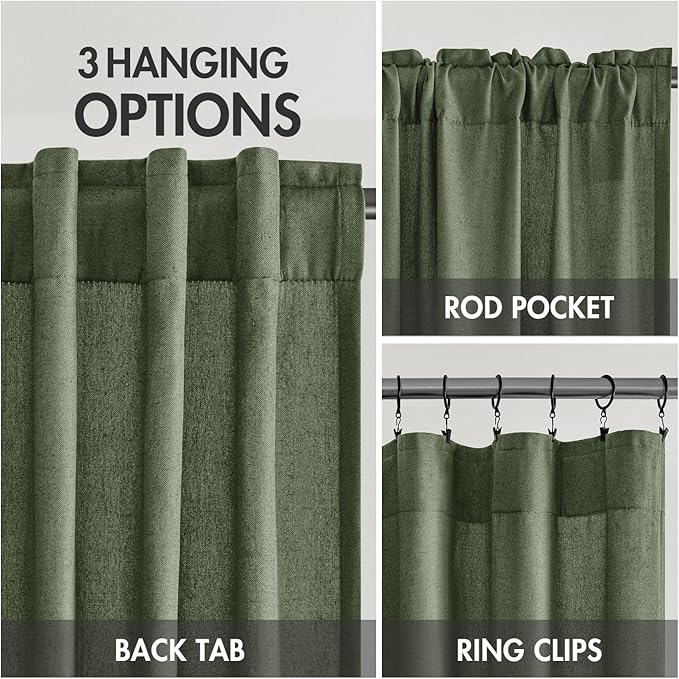 MIULEE Non-See-Through Privacy Linen Curtains 2 Panels, Light Filtering Window Curtains Farnhouse Textured Back Tab Semi Sheer Drapes for Bedroom Living Room, 52 x 63 Inches Long, Olive Green