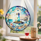 Stained Glass Window Hanging, Pauyadu Lighthouse Sun Catchers, Stained Glass Suncatcher, Lighthouse Decor Gifts for Women, Men, Lovers, Friend, Family and Partners- 8 Inch