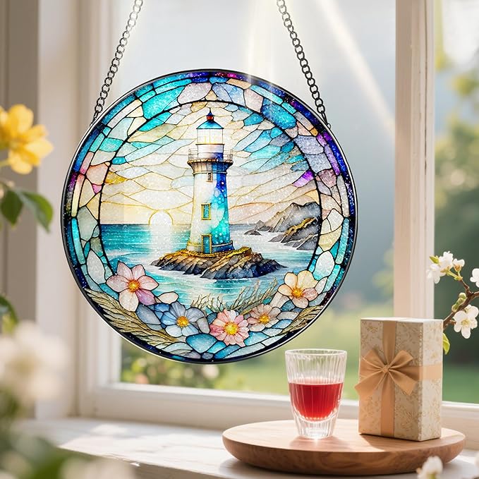 Stained Glass Window Hanging, Pauyadu Lighthouse Sun Catchers, Stained Glass Suncatcher, Lighthouse Decor Gifts for Women, Men, Lovers, Friend, Family and Partners- 8 Inch