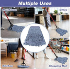 Commercial Heavy Duty Mop Heads Replacements: Wet Industrial Blue Cotton Looped End String Head Refill for General Floor Cleaning (6 Pack)