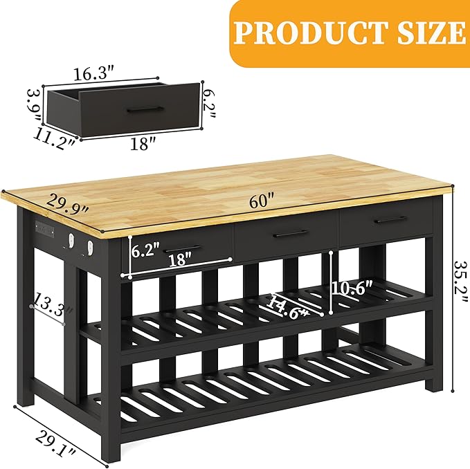 60" Solid Rubberwood Kitchen Island with Power Outlets - Extra Large Work Surface, 3 Drawers & 2 Open Shelves Storage Cabinet for Kitchen Dining Room, Farmhouse Style (Black)