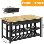 60" Solid Rubberwood Kitchen Island with Power Outlets - Extra Large Work Surface, 3 Drawers & 2 Open Shelves Storage Cabinet for Kitchen Dining Room, Farmhouse Style (Black)