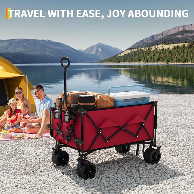 35" Foldable Wagon for Beach with 350lbs Weight Capacity, Heavy Duty 280L Extra Large Collapsible Foldable Wagon for Camping, All Terrain Beach Wagons Extended with Cup Holders for Sand