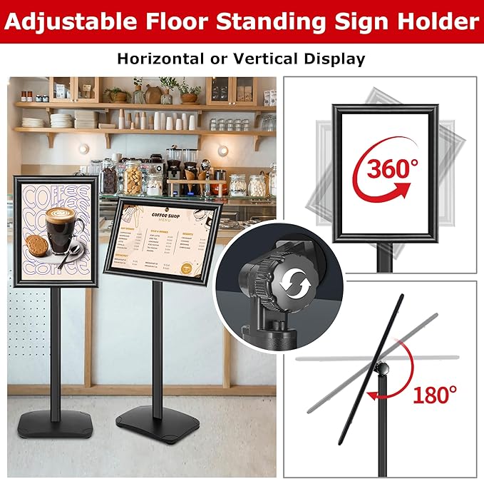 3 Pack Heavy Duty Sign Holder Stand 11x17 Inch - Pedestal Floor Standing Sign Holder with Weighted Base - Vertical & Horizontal Poster/Menu Display Stands for Indoor/Outdoor Advertising, Black