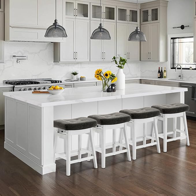 Counter Height Bar Stool for Kitchen Counter Modern Backless Barstool with Upholstered Faux Leather Seat and Solid Wood Leg Farmhouse 24 inch Bar Chair, Grey + White, 1pc