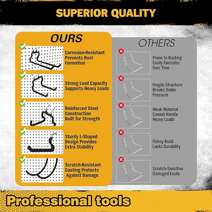 ELEAD 12-Piece Pegboard Hooks with Extension Straps, Heavy Duty Organizer Pegboard Accessories Fit for 1/4" Pegboard, Peg Board Tool Utility Hangers for Power Tool, Drill, Bag, Cord