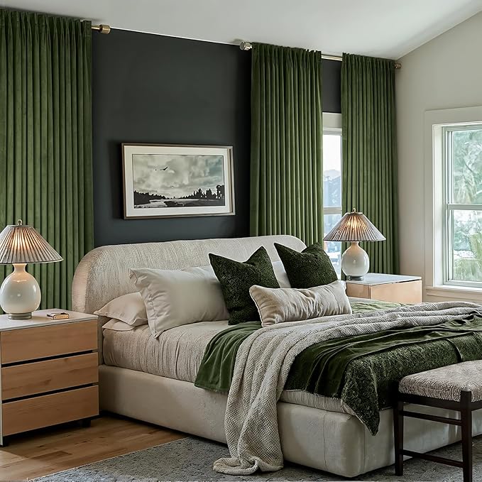 MIULEE Olive Green Velvet Curtains 84 inches Long, Pinch Pleated Blackout Drapes with Hooks, Thermal Insulated Pinch Pleat Panels for Bedroom Living Room, 2 Panels