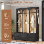 Merax Farmhouse Wood Hall Tree with 8 Hooks and Shoe Bench, Mudroom Versatile Coat Racks with 3 Drawers, Entrance Organizer for Hallway Black