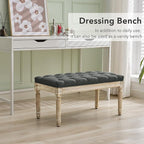 LOULENS French Vintage Entryway Bench, Linen Fabric Tufted Bench, Upholstered End of Bed Bench with Brushed Wood Legs, Dark Grey