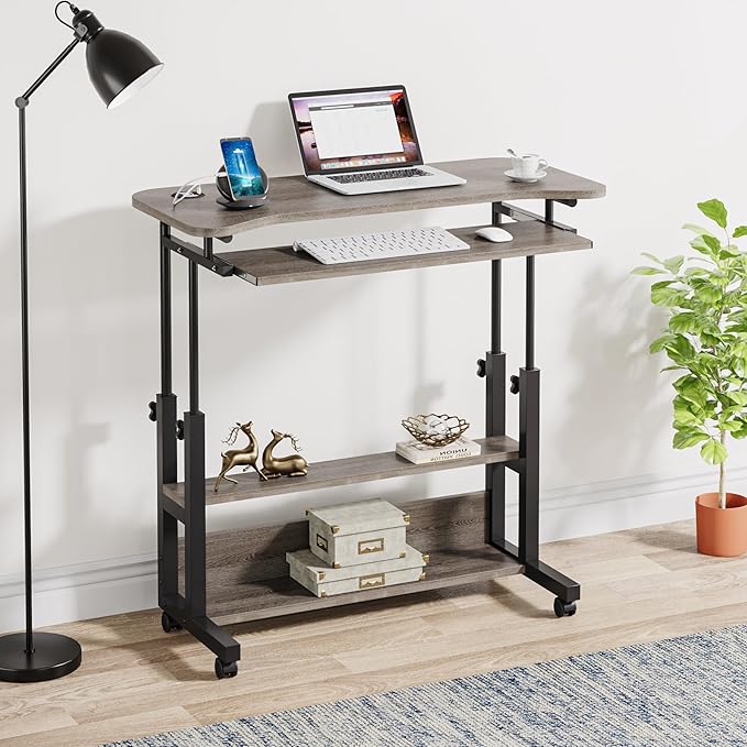 Tribesigns Portable Desk with Power Outlets, Height Adjustable Side Table Sofa Couch Bedside Laptop Computer Cart with USB Charging Ports, Mobile Small Standing Desk with Keyboard Tray