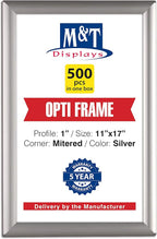 M&T Displays Opti Snap Poster Frame 11x17 Inch Silver 1" Aluminum Profile Front Loading Wall Mounting Photo Picture Document Certificate Sign Holder Mitered Corner Anti Glare Cover (500 pack)