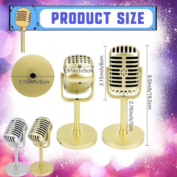 10 Pack Retro Microphone Props Fake Microphone Model with Stand Classic Vintage Plastic Antique Mic Table Decor for Halloween Party Decoration Rock Hip Hop Music Prop Pretend Play (Golden and Silver)