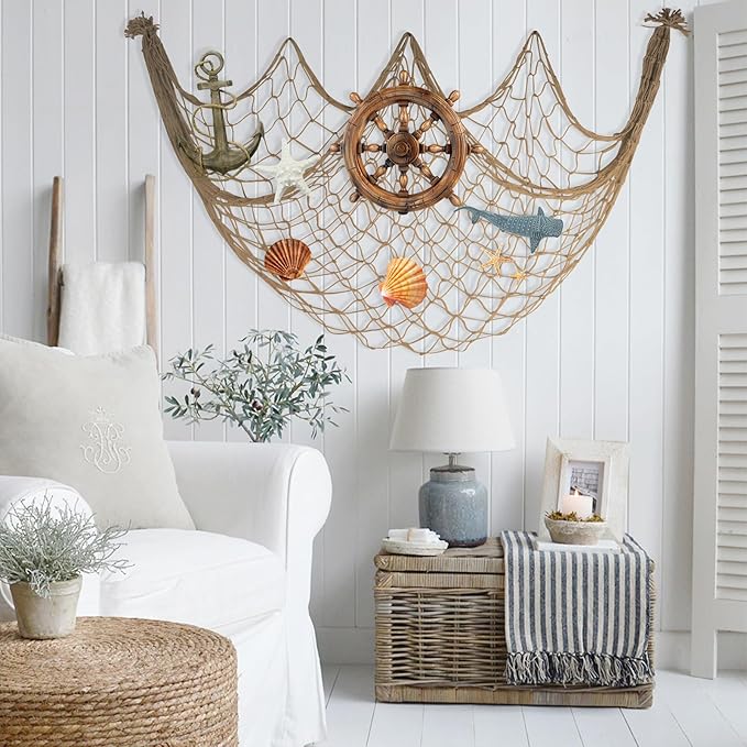 3 Pack Fish Net Decorations - 80x40'' Brown Decorative Fishing Nets Wall Decor Table Runner Ceiling Net, 3mm Natural Cotton Fish Netting for Pirate Under The Sea Nautical Beach Theme Party Decorations