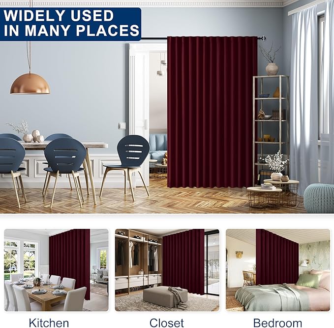 Hiasan Christmas Patio Sliding Door Room Divider Curtain Privacy Blackout Thermal Insulated Curtains with Back Tab & Rod Pocket for Bedroom Partition, Living Room Office(100 x 96 Inches, Burgundy)
