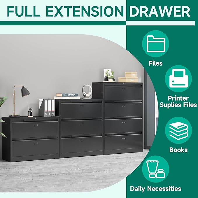 2 Drawer File Cabinet with Lock,Lateral File Cabinet,35.4" W Metal File Cabinets for Home Office,Hanging Files Letter/Legal/F4/A4 Size (Black-Assembly Required)
