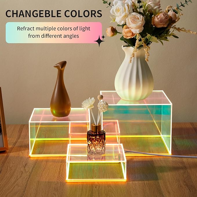 3Pcs Iridescent Acrylic Display Risers with LED light Plug and Play, Stackable Acrylic Cube Boxes Rainbow Display Stand with Hollow Bottom for Figures Jewelry Perfume Purse Food Buffet Riser