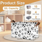 Black Soccer Football Storage Bins with Handles, Collapsible Storage for Clothes, Gift Basket, Blankets & Closet Organization