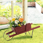 Wooden Wagon Planter, Flower Cart Display Stand w/Metal Wheels & Removable Magnetic Decoration, Wagon Decorative Garden Planter for Plants & Seasonal Displays, Pine Wood (Red)