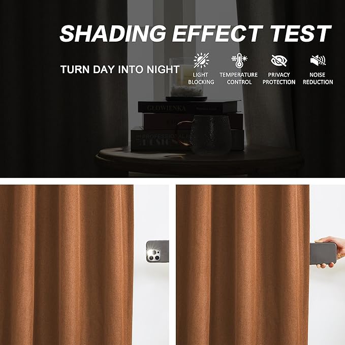 DUALIFE Pinch Pleatd Blackout Curtains 95 Inches Long, Boho Linen Rustic Copper Color Retro Room Darkening Privacy Curtains Drapes with Hooks for Living Room Bedroom 2 Panels Terra Cotta Rust 50x95