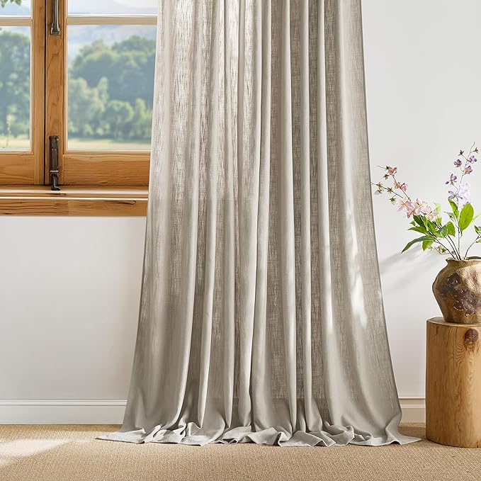 NICETOWN Taupe Thick Linen Curtains 96 Inches Long for Living Room 2 Panels Set, Back Tab/Rod Pocket with Pleat Tape Privacy Added Window Treatments for Farmhouse/Bedroom, Natural, W55 x L96