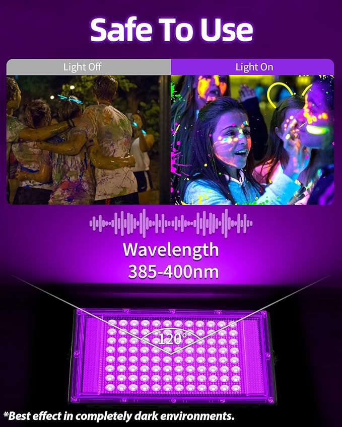 100W LED Black Lights IP66 Waterproof Black Light Outdoor with 5.9ft Plug+Switch,Flood Blacklight for Halloween Glow in The Dark Party Stage Light Neon Glow Birthday 2 Pack