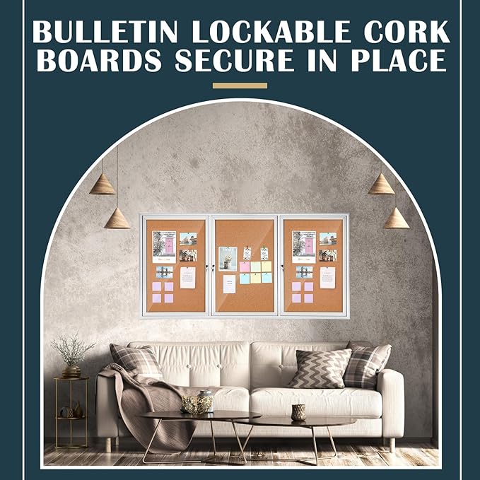 Enclosed Bulletin Board 72" x 36" Weather Resistant Lockable 3 Door Weatherproof Wall Mounted Enclosed Cork Board Aluminum Frame Display Case for Office, School, Commercial, 18xA4(Wood Color)