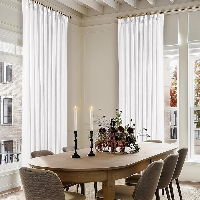 Pinch Pleated Extra Wide Linen Curtains 84 Inches Long for Patio Sliding Glass Door White 60 Inch Wide Pleated Drapes with Hooks Rings Neutral Semi Sheer 60x84 Curtain for Living Room 1 Panel