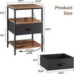 SUPERJARE Night Stand with Charger Station, 27.7 Inch Tall Nightstand with Adjustable Fabric Drawer, Bed Side Table, Fabric Drawer Dresser for Bedroom, Living Room, Rustic Brown and Black