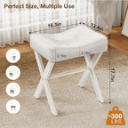 18-Inch Leather Vanity Stool Chair, Vanity Bench with Metal X-Leg, Ottoman Accent Stool with Thick Padded Saddle Seat, White