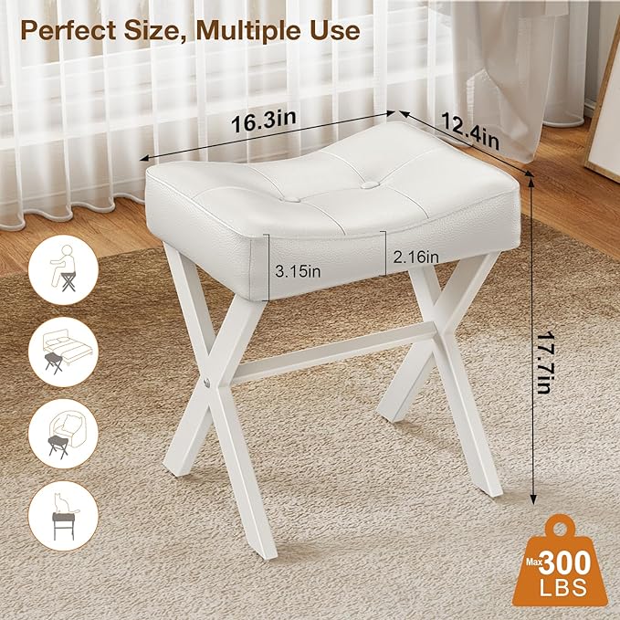 18-Inch Leather Vanity Stool Chair, Vanity Bench with Metal X-Leg, Ottoman Accent Stool with Thick Padded Saddle Seat, White