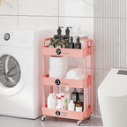 Laiensia 3-Tier Rolling Cart with Wheels,Multifunction Utility Storage Carts, Kitchen Storage Organizer,Mobile Shelving Unit for Bathroom,Laundry,with Classified Stickers,Pink