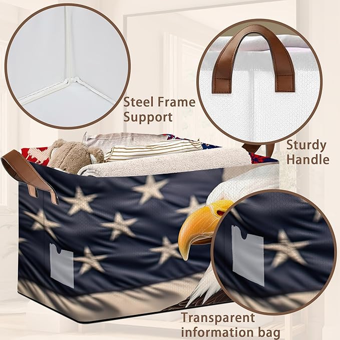 Eagle American Flag Storage Basket Large 17x11.5x10.5 Inches - Patriotic Collapsible Organizer Bin with Handles for Home,Closet,Toys - Foldable Decorative Hamper with USA Flag Design - Single Pack
