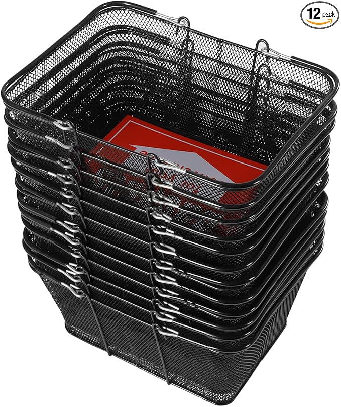 Set of 12 Shopping Baskets with Handles, Portable Black Metal Shopping Basket 15.7" x 12" x 7" Wire Mesh shopping Basket with Stand for Retail Stores Supermarket Grocery