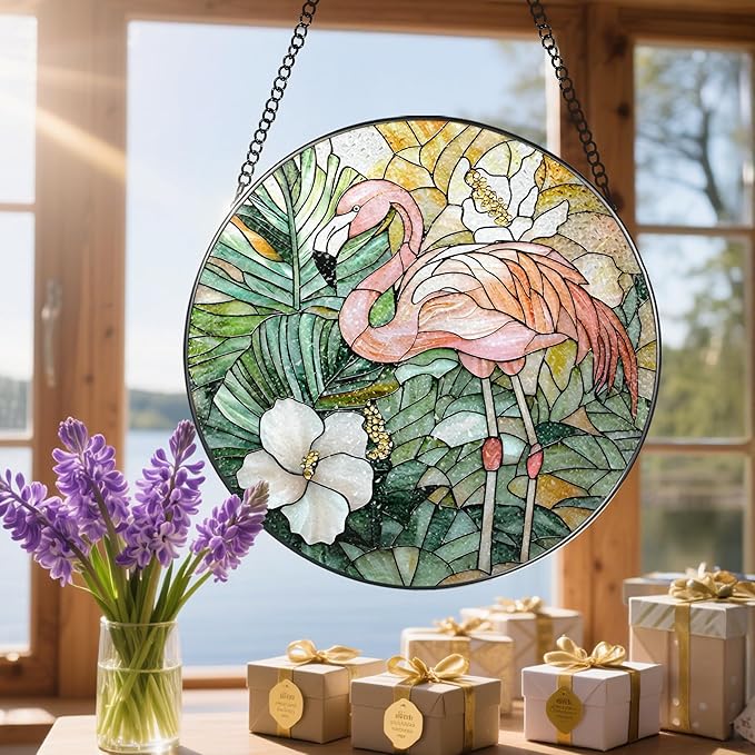 8″ Stained Glass Window Hanging Ornament, Flamingo Stained Glass Suncatcher Ornament, Sun-Catcher Window Decor | Housewarming & Birthday Gifts, Festival Gift | Gifts for Flamingo Lovers