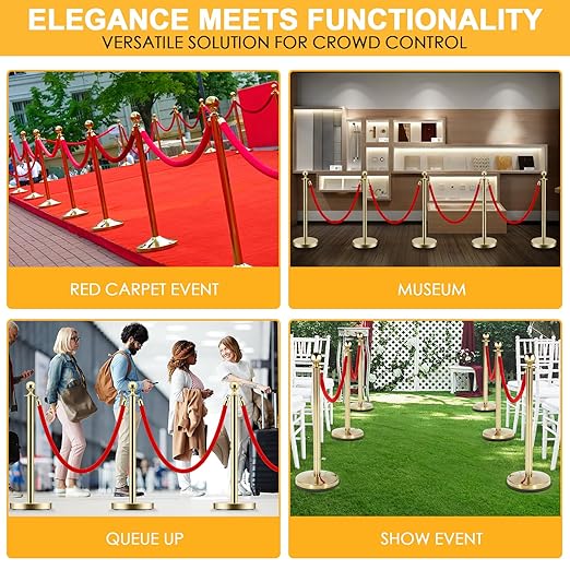 LOVMOR 12Pcs Gold Stanchion Posts Queue with 8pcs Red Velvet Rope, Crowd Control Barriers Queue Line Rope, Crowd Control Stanchion for Party Supplies