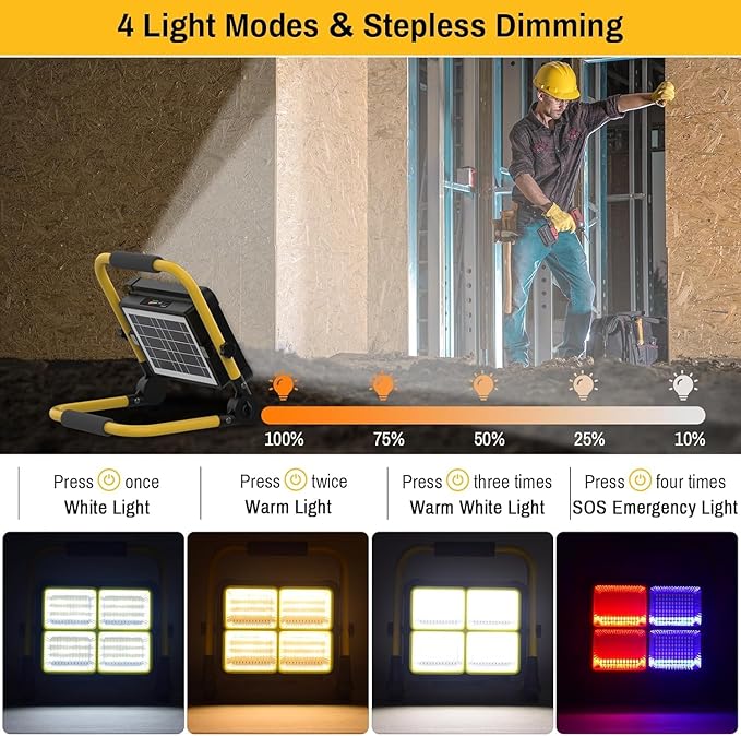 Solar Work Light Rechargeable Spotlight with Stand, MASMEJOR Rechargeable Worklight 12000mAh/ 10000LM/ 336 LEDs/ 4 Lighting Modes, LED Work Light for for Outdoor Camping, Yard, Garage, Hiking
