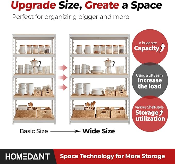 HOMEDANT 5 Tier Storage Shelves Adjustable Laminated Boltless Garage Metal Shelving Unit Heavy Duty Utility Rack Shelf Warehouse Pantry Closet Kitchen (3, (L) 48.1" W, White)