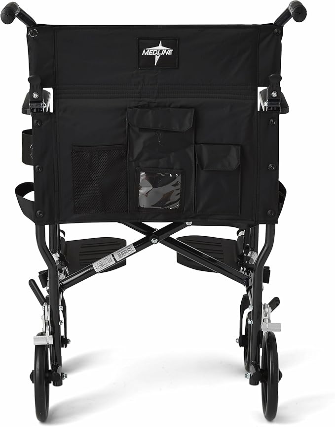 Medline Ultra Lightweight Transport Wheelchair for Adults, Foldable, 19-Inch Seat Width, Black Frame, Black Upholstery