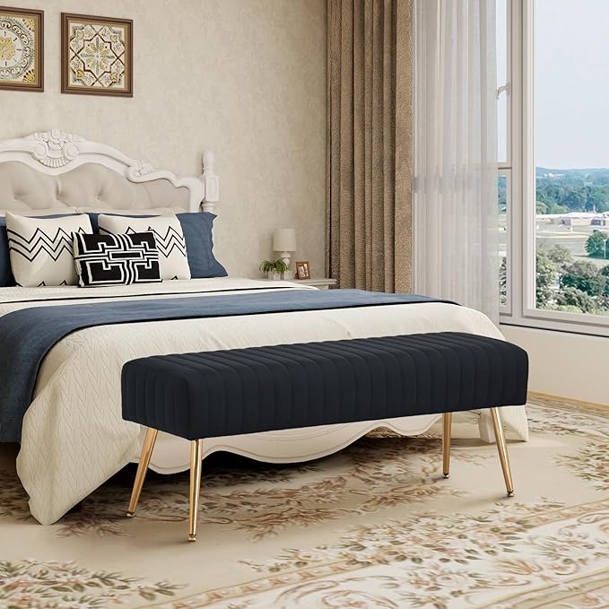Furnimart 44 Inch Bedroom Ottoman Bench, Black Upholstered End of Bed Bench with Gold Legs for Living Room Bedroom Dinning Room Entryway, Black