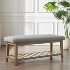 Entryway Bench, Chenille Upholstered Shoe Benches for Bedroom, Ottoman Benches with Solid Wood Shelf, Storage Bench for Hallway, Living Room(Grey)