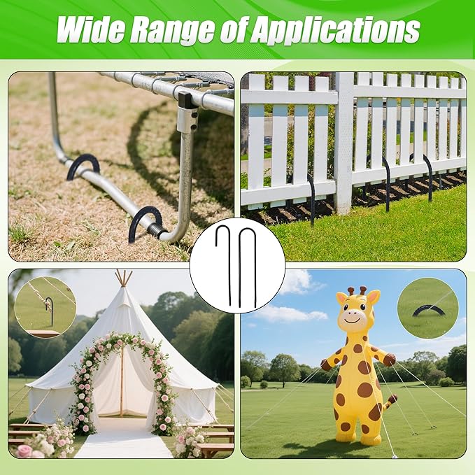 Anothera 4 Pack Trampoline Stakes Anchors High Wind, 12 Inches Tent Stakes Heavy Duty, Galvanized Steel Ground Stakes Kit, J Shaped Rebar Stakes for Trampoline, Tents, Fence