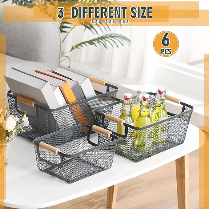 Maxcheck 6 Pack 3 Size Metal Wire Baskets Wooden Handles Steel Mesh Storage Bins Organizer Containers Gift for Home Cabinets Closet Kitchen Food Fruit Freezer Storage Rectangle(Dark Grey)