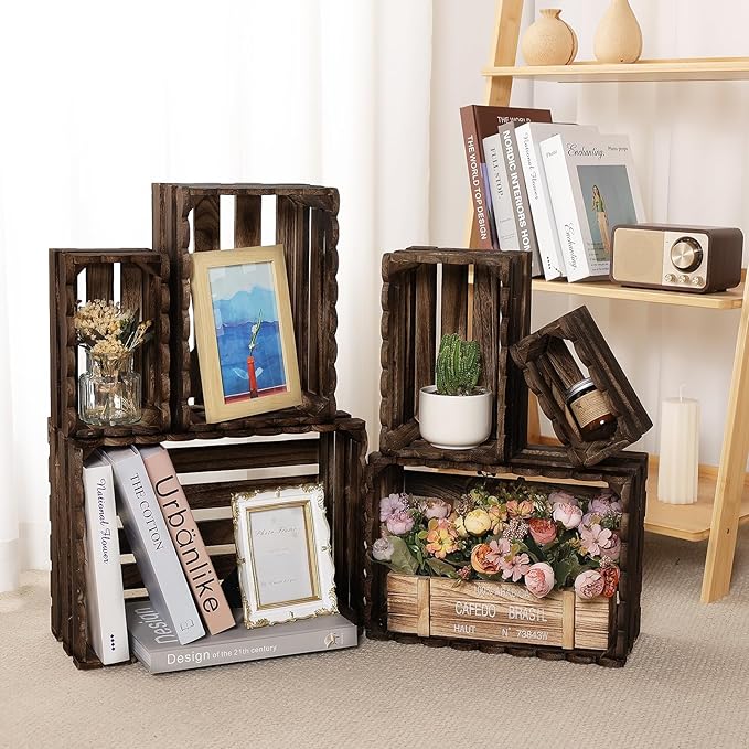 Set of 6 Nesting Wooden Crate Hollowing Out Wooden Crates for Display 6 Size Rustic Decorative Storage Container Box for Kitchen Office Bedroom Closet Farmhouse Decor