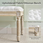 LOULENS French Vintage Bench, Linen Fabric Entryway Bench, Upholstered Tufted End of Bed Bench with Brushed Wood Legs, White